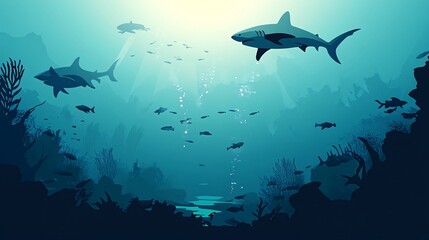 Obraz premium A scenic underwater scene with three sharks swimming above a vibrant coral reef teeming with fish.