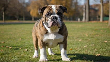 Fototapeta premium Brindle english bulldog in the park