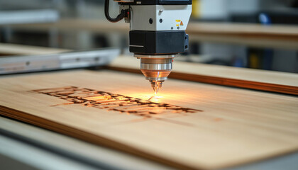 Laser cutting machine engraving wood material at factory