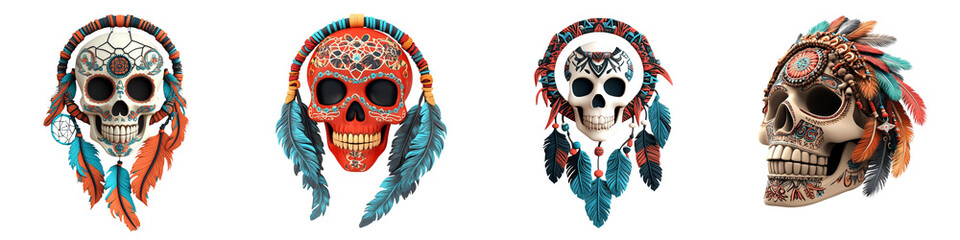 Colorful decorative skulls with intricate designs, perfect for Halloween or Day of the Dead themes.