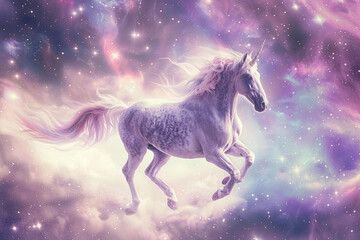 Fantastically beautiful mythological pink unicorn with long horn