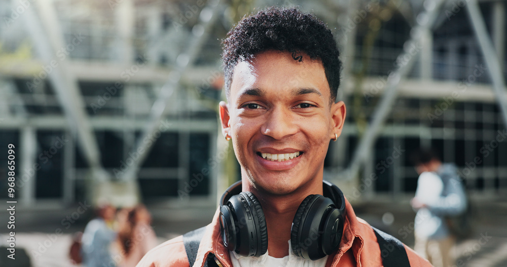 Poster Happy man, outdoor and portrait of student on campus for education, learn and books for studying. Male person, backpack and start of university for future, headphones and college institute in Brazil