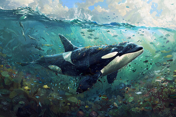 Fototapeta premium Fantastically beautiful majestic huge whale in ocean