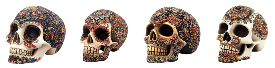 Colorful decorative skulls showcasing intricate patterns, perfect for Halloween, arts, and cultural themes.