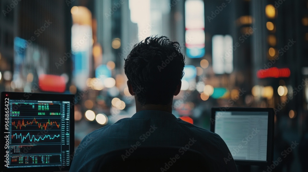 Poster A Man Working on a Computer in Front of a Cityscape