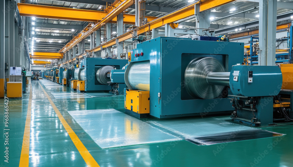 Poster automated industrial line producing composite materials in a factory