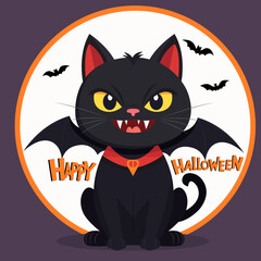 Cat in dracula costume for Halloween. Cute cat in vampire costume. Halloween party. Hand drawn vector illustration. Flat design.