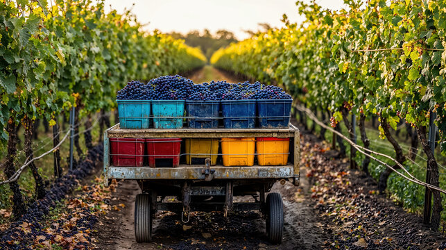 des bac des raisins sur une remorque de tracteur dans une rang&eacute;e de vignes pendant les vendanges