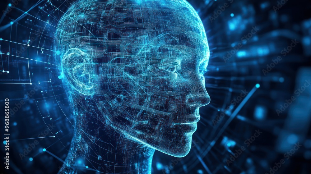 Poster Digital Human Face Constructed of Circuitry and Data Lines