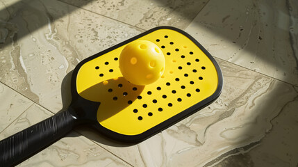 Pickleball paddle with yellow pickleball. Colored pickleball paddle with black handle and border and yellow ball with spotlight shadow.