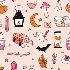 Halloween retro seamless pattern with doodles for wallpaper, backgrounds, wrapping paper, textile prints, scrapbooking, stationary, etc. EPS 10