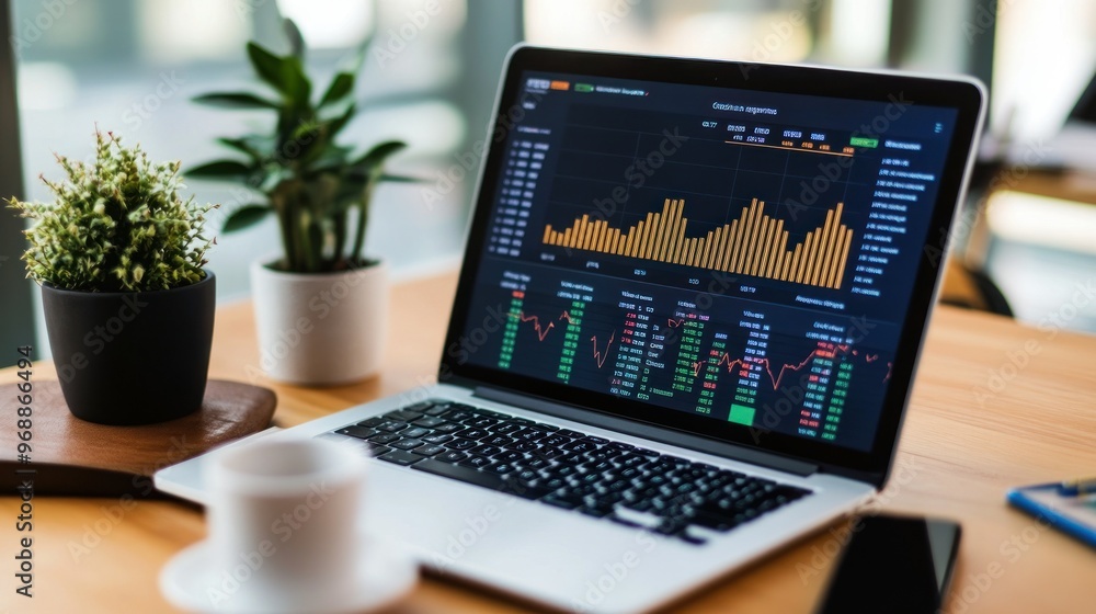 Poster laptop displaying financial data on a wooden desk