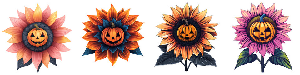 Colorful Halloween-themed sunflowers with pumpkin faces, perfect for autumn decoration and festive events.