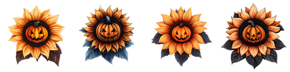 Colorful Halloween sunflowers with pumpkin faces, perfect for autumn decorations and seasonal celebrations.