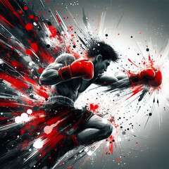 Powerful boxer in action with explosive dynamic art splashes

