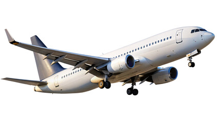 Obraz premium A modern passenger airplane in flight with its landing gear deployed, flying at an angle, against on a transparent background