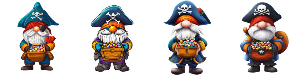 Colorful pirate gnomes with treasures and playful designs, perfect for children's themes and whimsical decor.