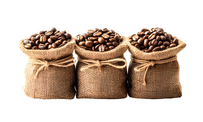 Roasted coffee beans in burlap sack on transparent background