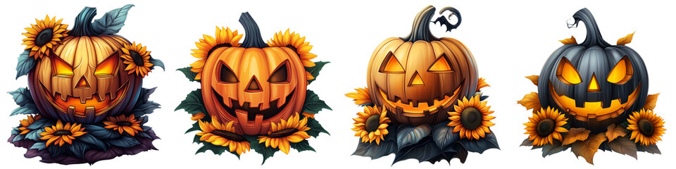 Colorful jack-o'-lanterns with sunflowers create a festive Halloween vibe, perfect for autumn-themed designs and decorations.