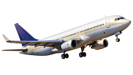 Obraz premium A realistic commercial airplane in full color, with visible landing gear, engines, and blue tail fins, flying against a transparent background