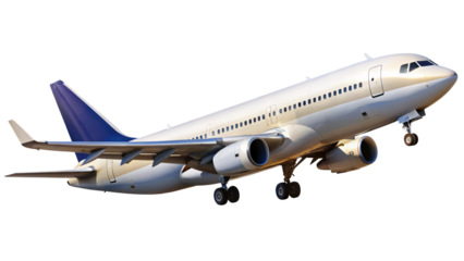 A realistic commercial airplane in full color, with visible landing gear, engines, and blue tail fins, flying against a transparent background
