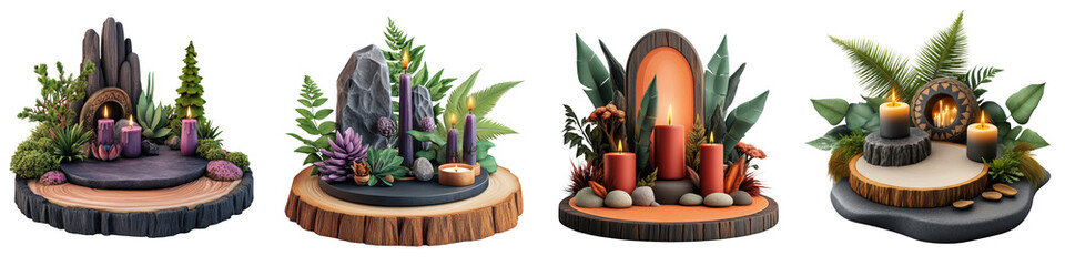 Elegant nature-inspired decor featuring candles, stones, and vibrant plants for a serene ambiance.