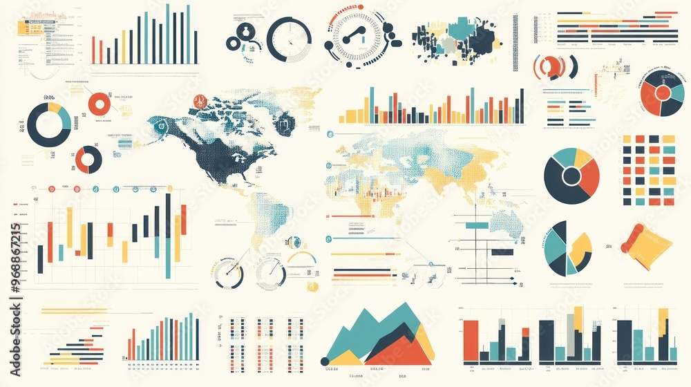 Poster A Collage of Colorful Charts and Graphs Representing Data and Trends