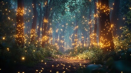 enchanted forest bathed in otherworldly bioluminescent glow ethereal mist swirling around glowing flora magical particles floating in air
