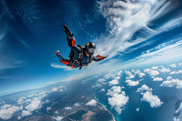 Parachutist with parachute makes heavenly adventure against backdrop of landscape