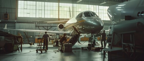Technicians work diligently on a sleek private jet in a spacious, well-lit airplane hangar, showcasing the intricate nature of aircraft maintenance.