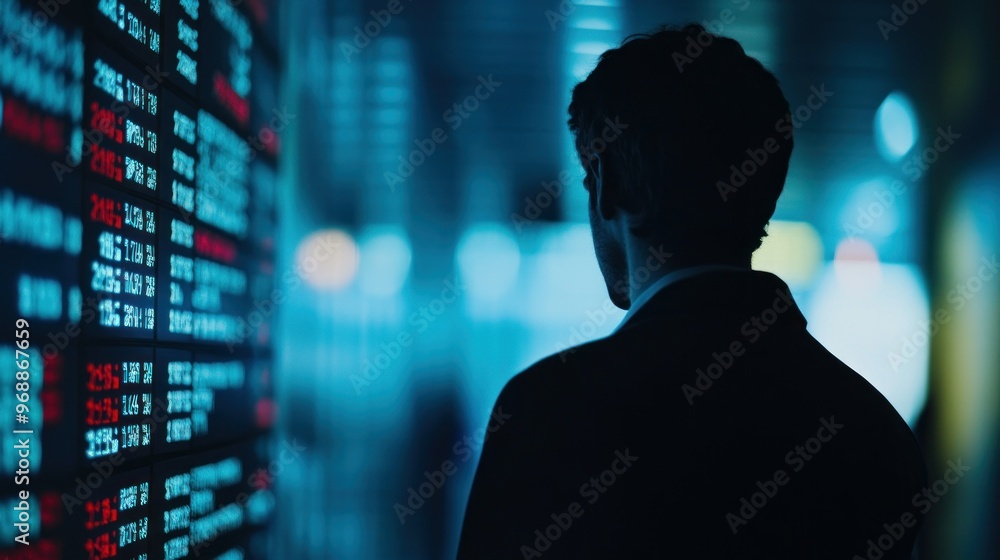 Poster silhouette of a man looking at a stock ticker in a dark room