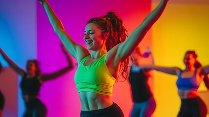 Fototapeta premium 60. A vibrant group fitness class with participants performing energetic dance moves