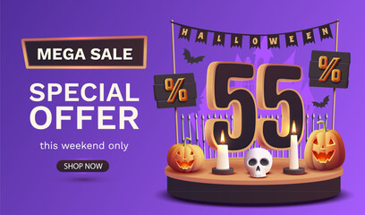 55 percents off. Halloween sale banner template. Podium and numbers with amount of discount. Special October offer. Vector illustration.