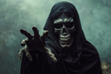 Scary grim reaper with scythe in hell on dark background with dramatic background