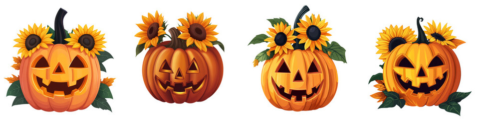 Four festive pumpkins adorned with sunflowers, perfect for Halloween or autumn-themed decorations.