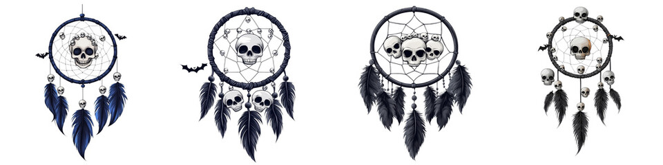 Four unique and artistic dreamcatchers featuring skull designs, perfect for adding a mystical touch to any space.