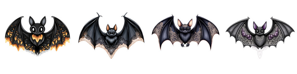Four unique bat designs featuring intricate details and vibrant color patterns, perfect for Halloween or gothic themes.
