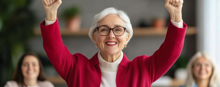 Elderly woman celebrating a corporate milestone with her team, leadership and success