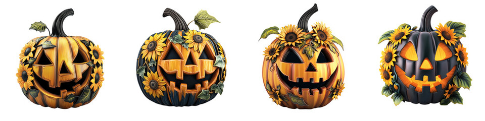 Four unique Halloween pumpkins featuring carved faces and decorative elements for festive autumn celebrations.