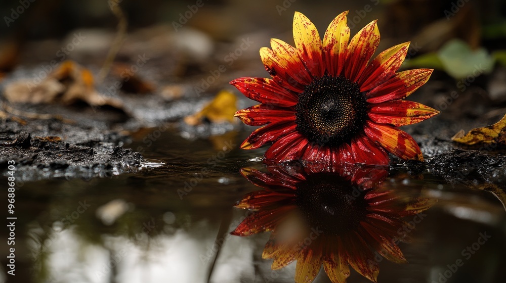 Sticker A sunflower, stained with blood, reflected in the ground's water, showing the duality of resilience and suffering in the struggle to persevere