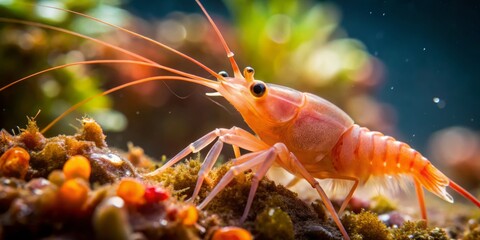 A small, pinkish-orange crustacean with a rounded head, long antennae, and a curved tail, perched on a rock surrounded by seaweed and bubbles.