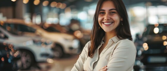 A cheerful car sales representative smiling confidently, standing in a car showroom full of vehicles.