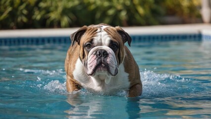 Brindle english bulldog in the swimming pool