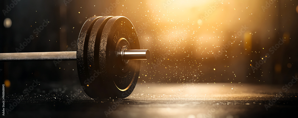 Wall mural Close-up of a barbell on a gym floor, illuminated by soft light, showcasing strength training and fitness.