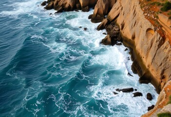 Coastal scenery with waves crashing against rocky cliffs