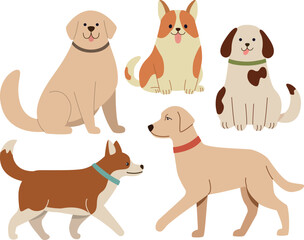 Vector illustration of five cute dogs. Colorful flat concept	