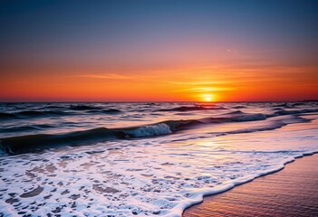 Coastal sunset scene with waves reflecting the warm hues of the