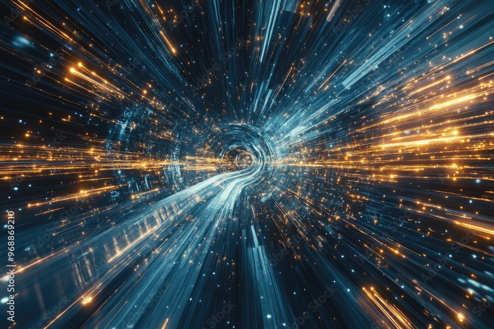 Poster interactive futuristic tunnel. digital flow of big data in cyberspace.