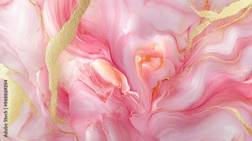 Poster abstract marbled texture with swirling pink petals, blending with gold painted lines, creating a lux