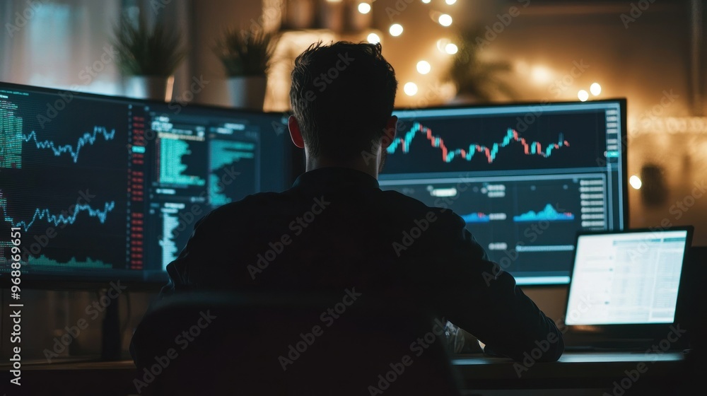 Poster silhouetted person analyzing stock market data on multiple screens